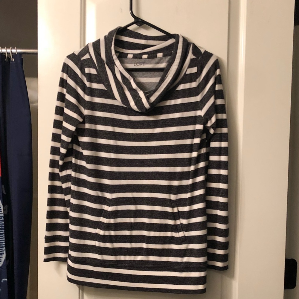 Striped Drawstring Pocket Cowl Neck Pullover Top